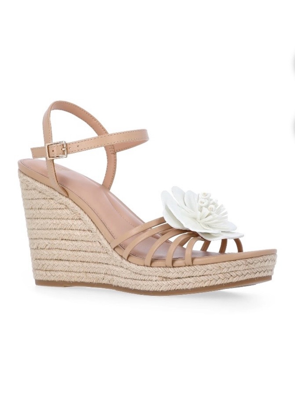 Time and Tru Nude Espadrille Wedge Sandals with White Flower Accent